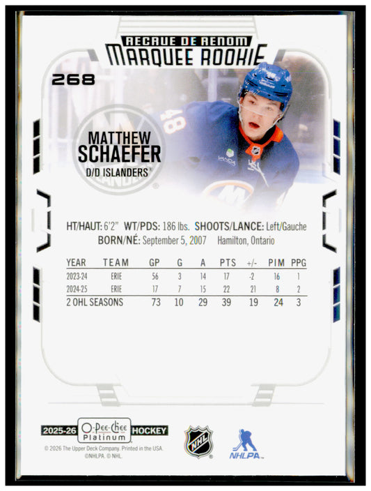 2025-26 O-Pee-Chee Platinum Matthew Schaefer Card RC New York Islanders #268