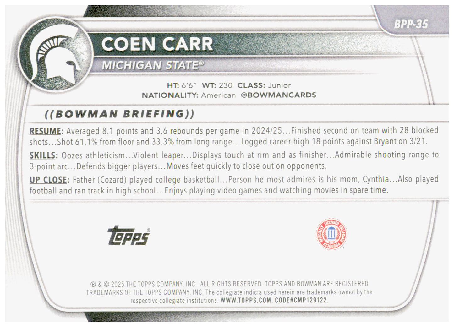 2025-26 Bowman Coen Carr Card Prospects Michigan State Spartans #BPP-35