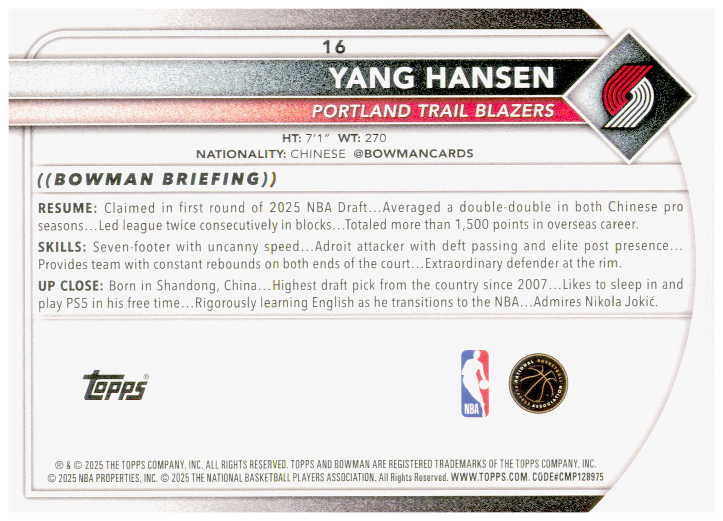 2025-26 Bowman Yang Hansen Card RC Portland Trail Blazers #16