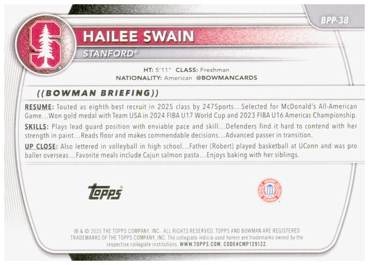 2025-26 Bowman Hailee Swain Card Prospects Stanford Cardinal #BPP-38