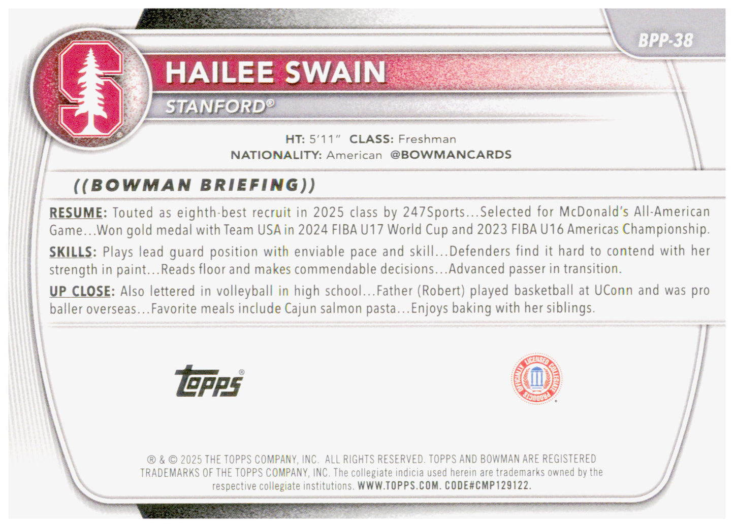 2025-26 Bowman Hailee Swain Card Prospects Stanford Cardinal #BPP-38