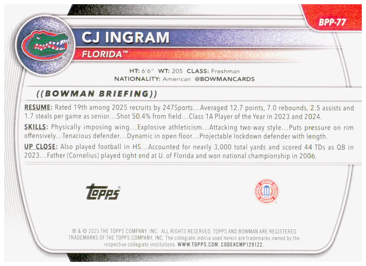 2025-26 Bowman CJ Ingram Card Prospects Florida Gators #BPP-77