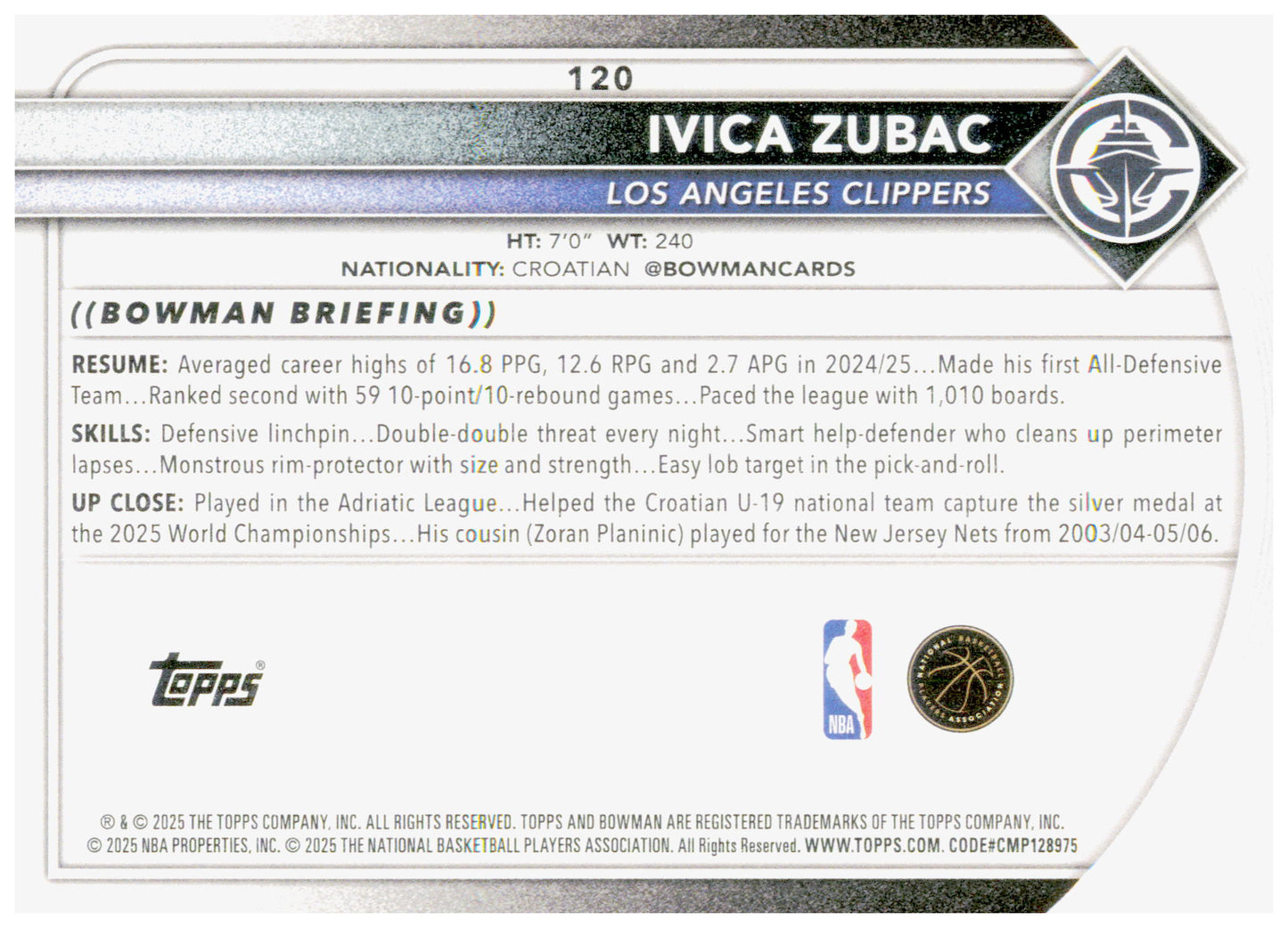 2025-26 Bowman Ivica Zubac Card Los Angeles Clippers #120