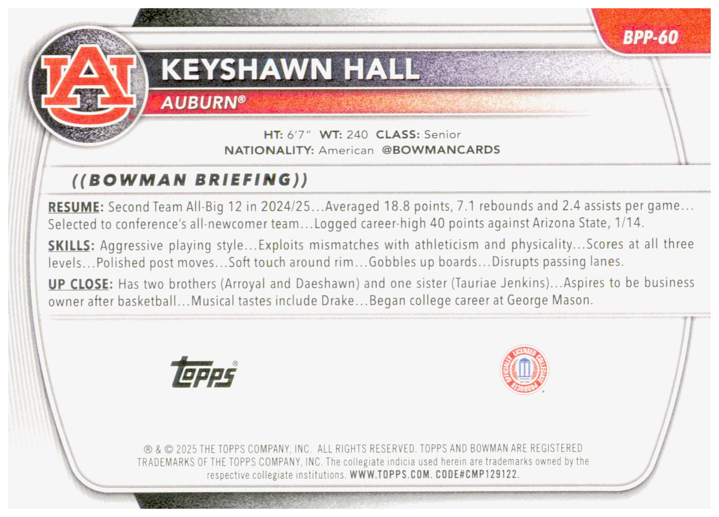 2025-26 Bowman Keyshawn Hall Card Prospects Auburn Tigers #BPP-60