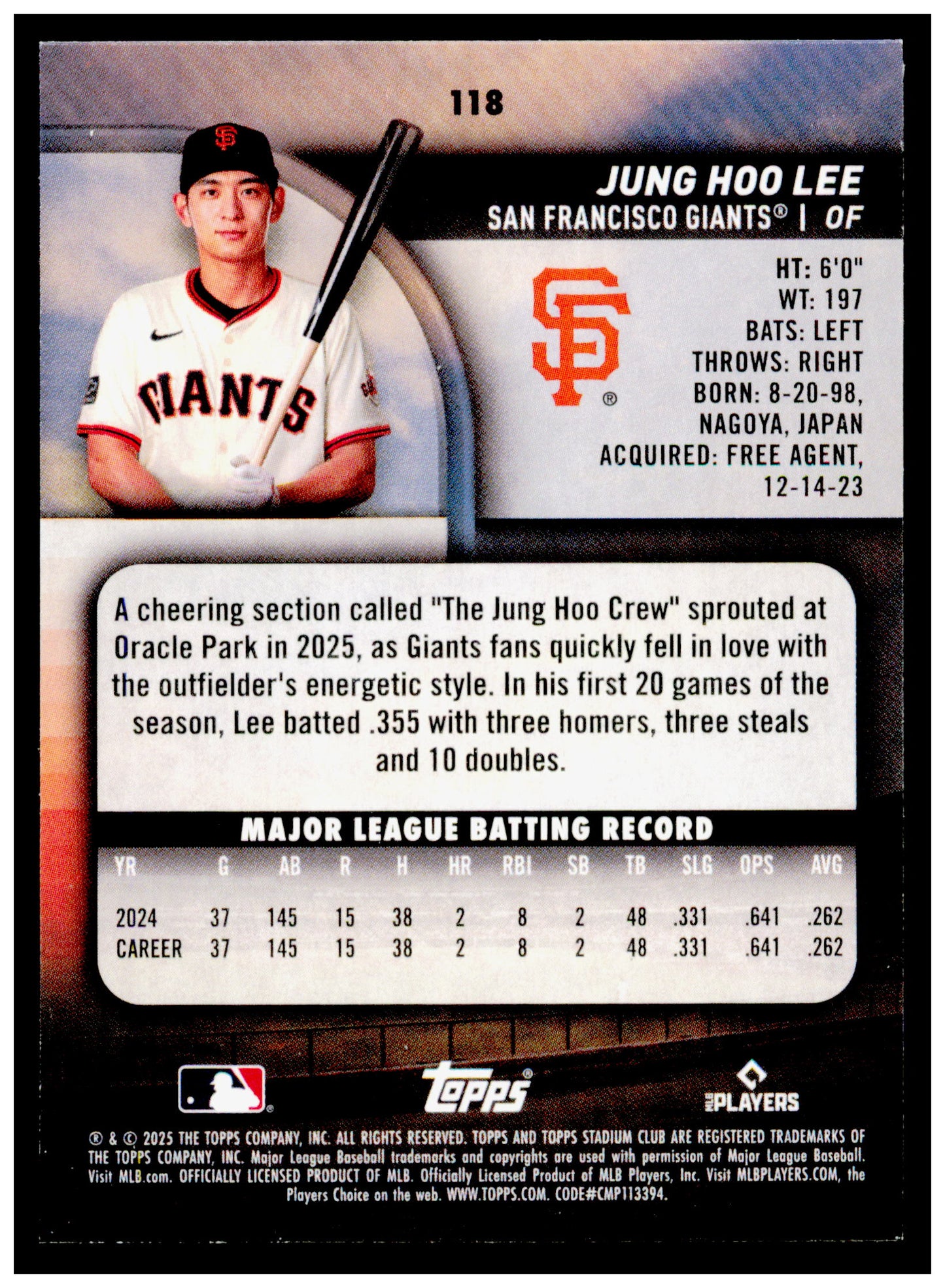 2025 Stadium Club Jung Hoo Lee Card San Francisco Giants #118