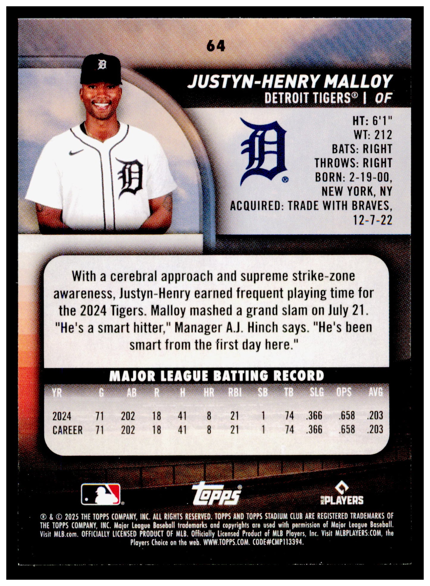 2025 Stadium Club Justyn-Henry Malloy Card RC Detroit Tigers #64