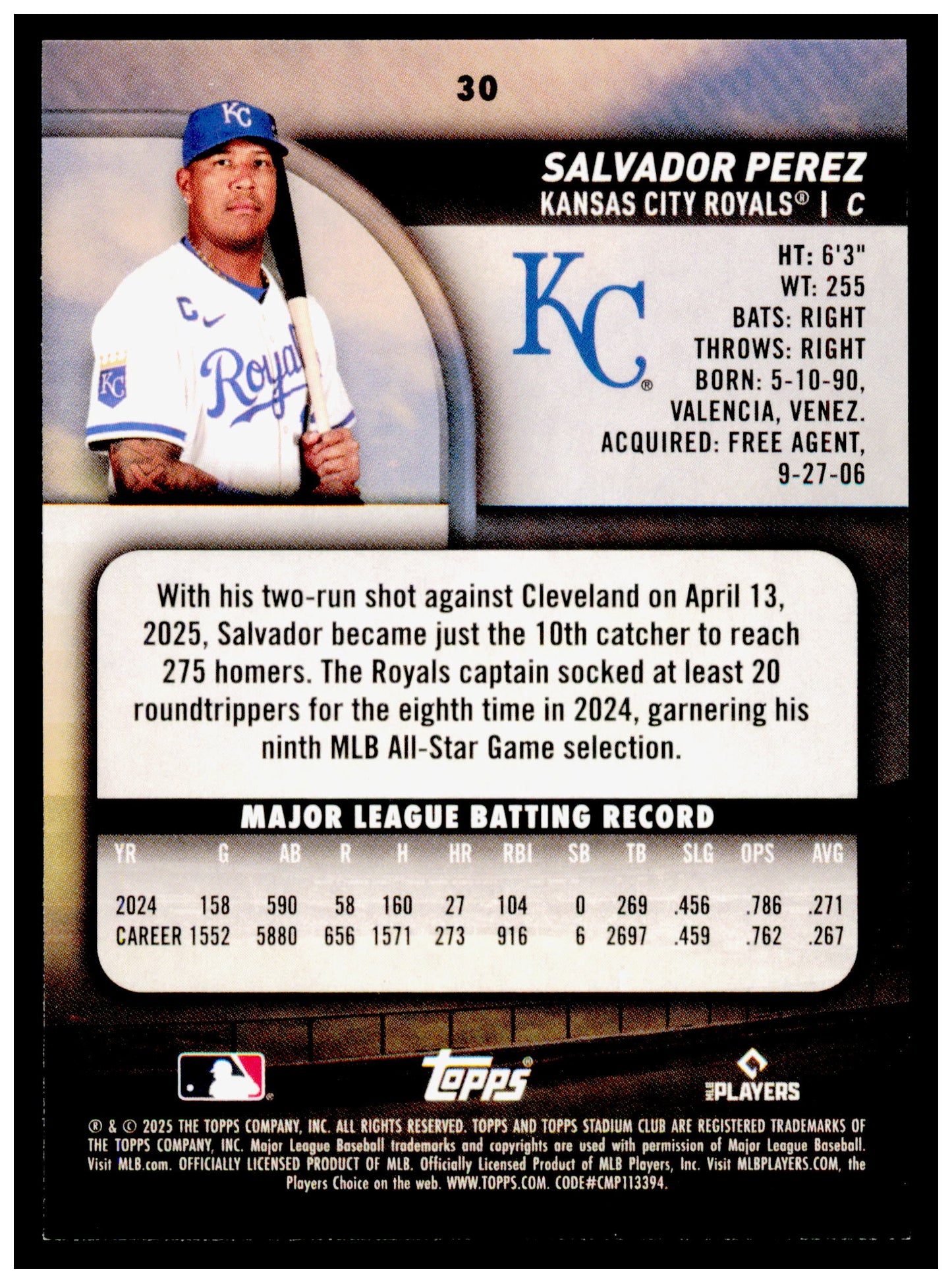 2025 Stadium Club Salvador Perez Card Kansas City Royals #30