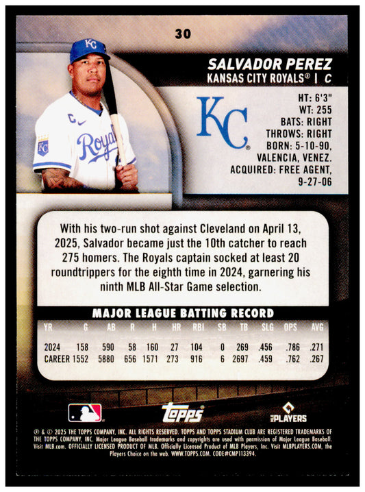 2025 Stadium Club Salvador Perez Card Kansas City Royals #30
