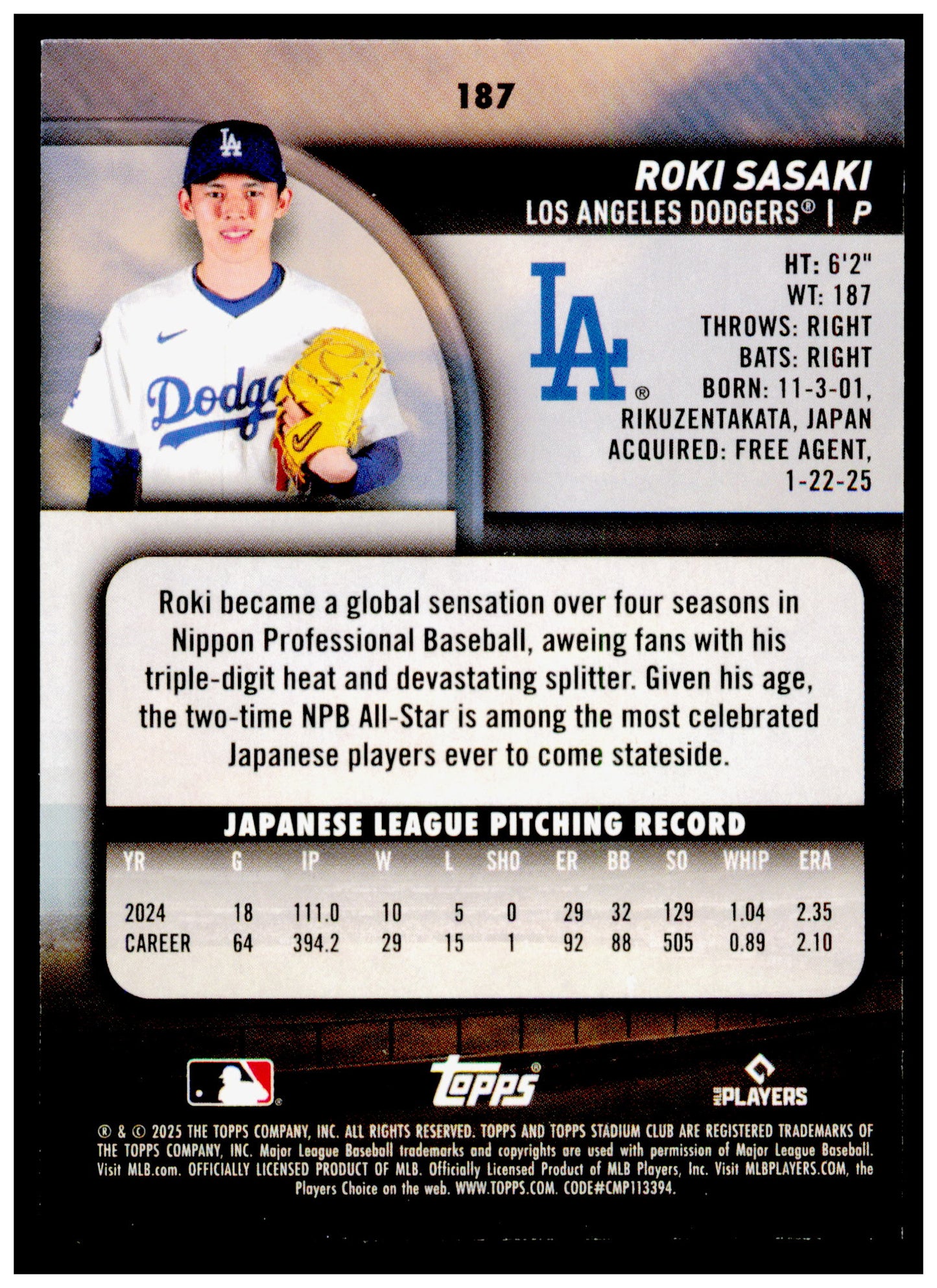 2025 Stadium Club Roki Sasaki Card RC Los Angeles Dodgers #187