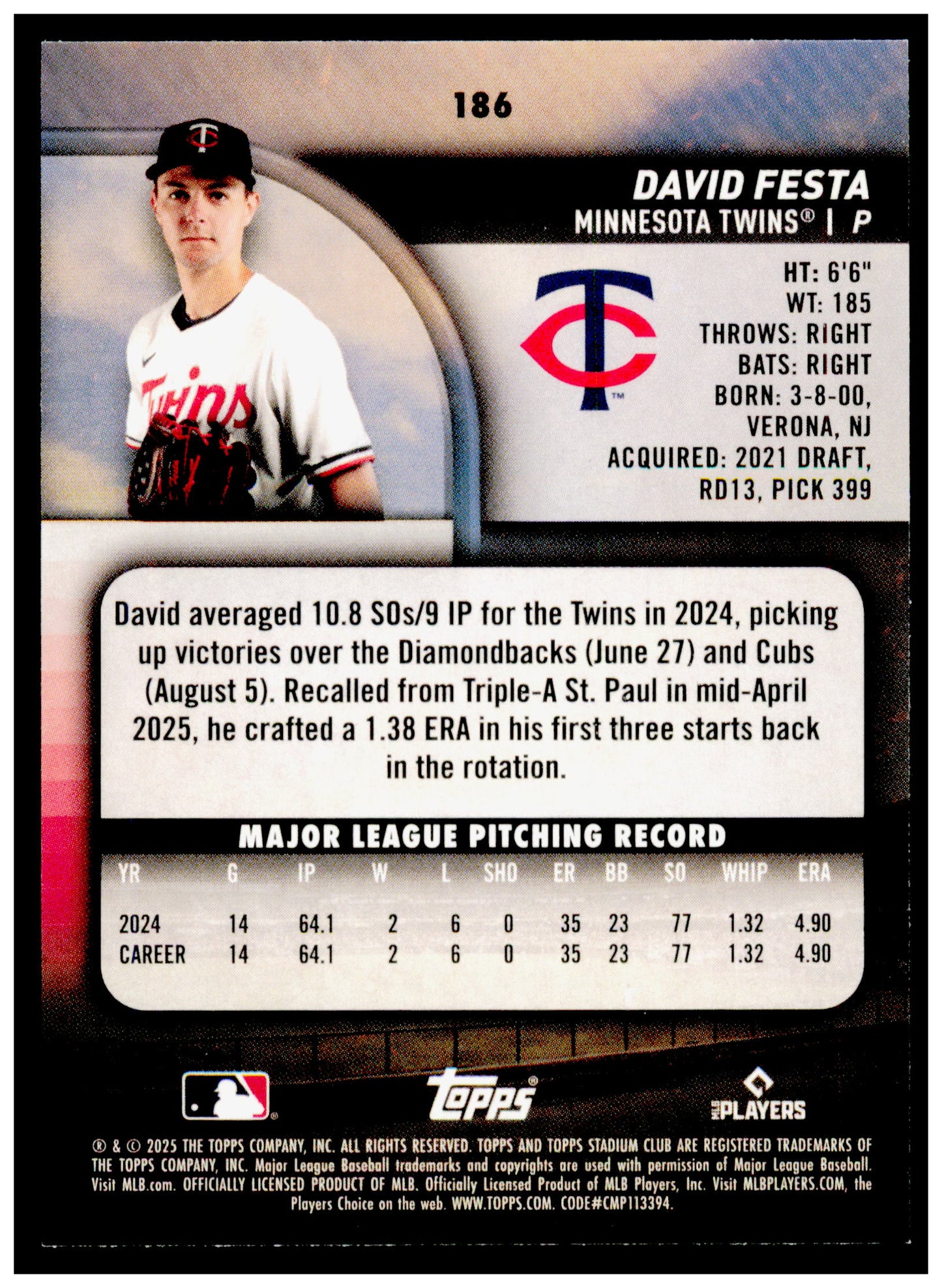 2025 Stadium Club David Festa Card RC Minnesota Twins #186