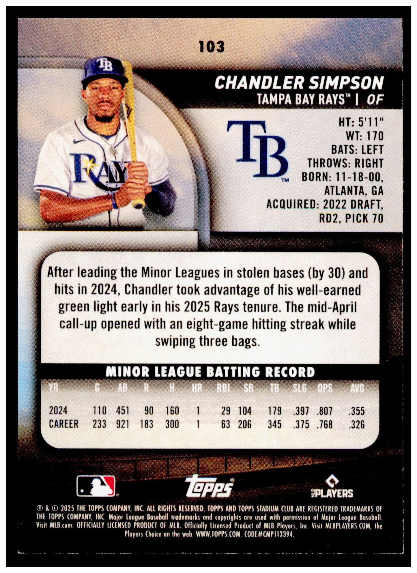 2025 Stadium Club Chandler Simpson Card RC Tampa Bay Rays #103
