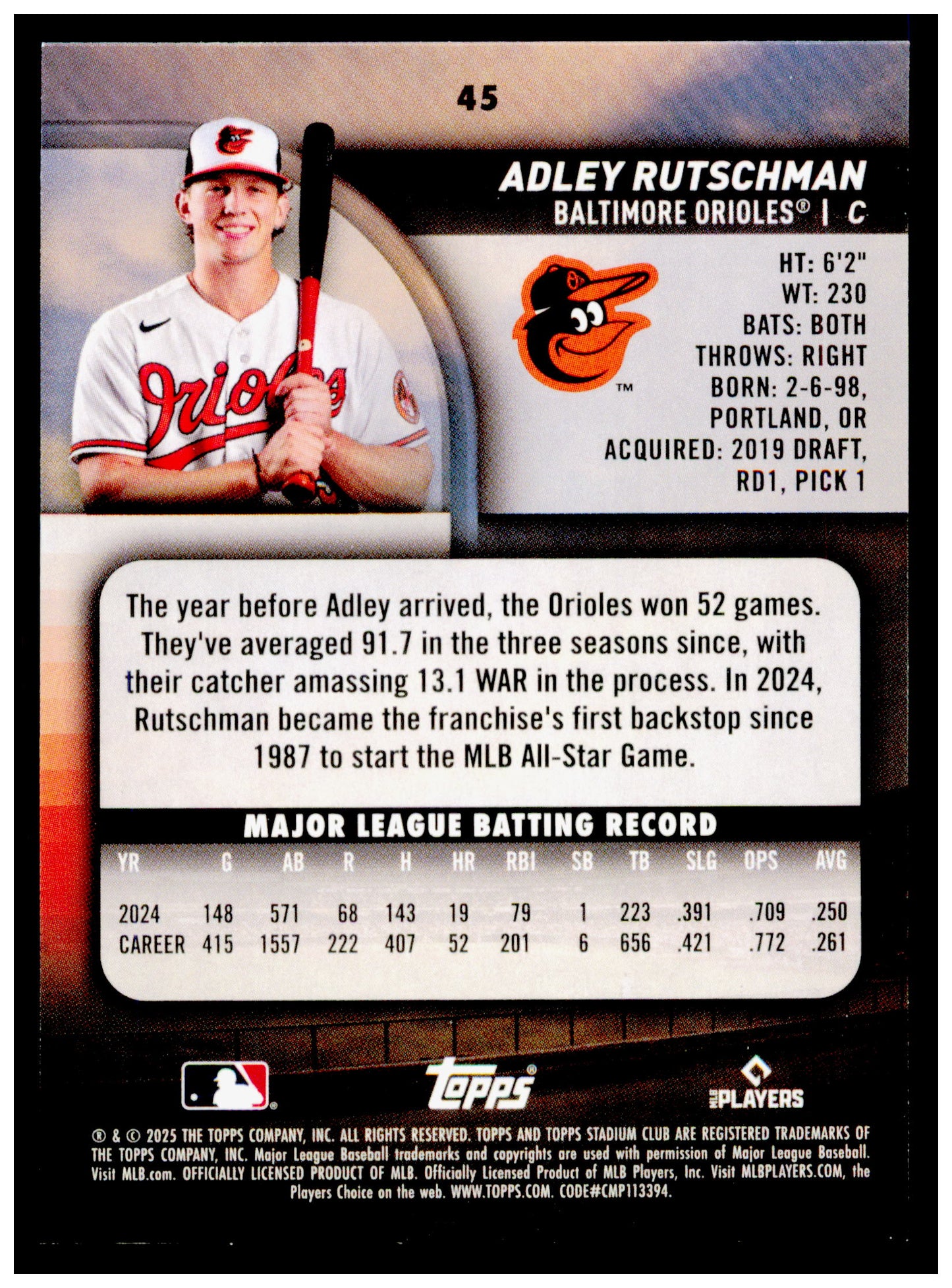 2025 Stadium Club Adley Rutschman Card Baltimore Orioles #45