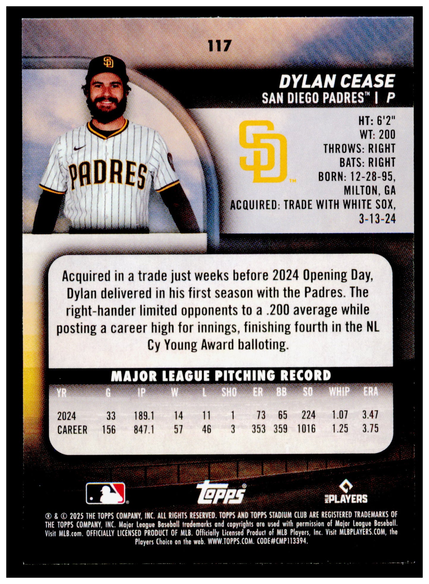 2025 Stadium Club Dylan Cease Card San Diego Padres #117