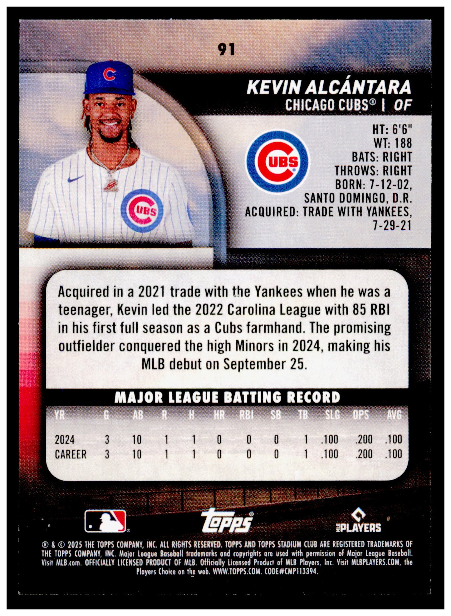 2025 Stadium Club Kevin Alcántara Card RC Chicago Cubs #91