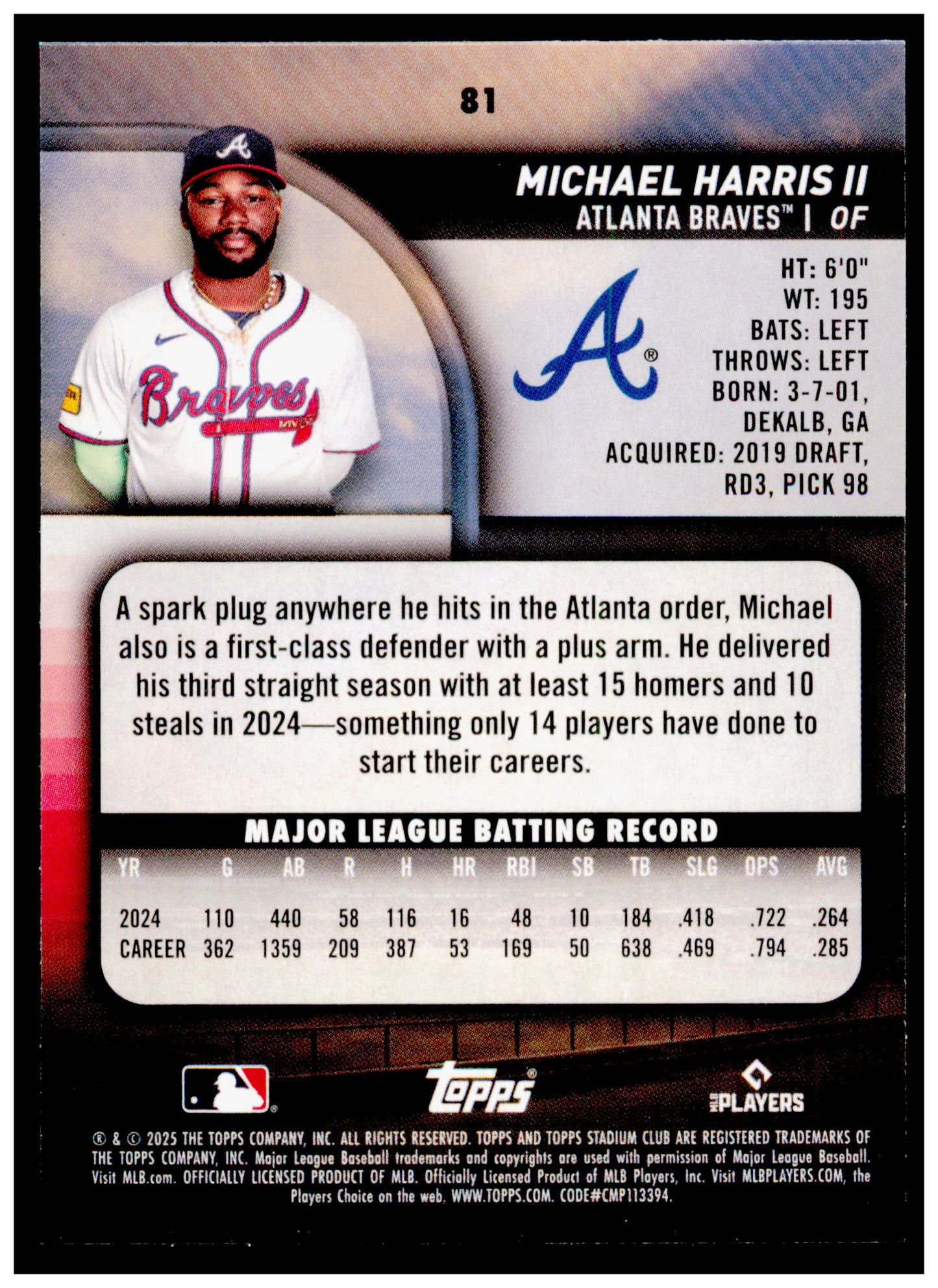 2025 Stadium Club Michael Harris II Card Atlanta Braves #81