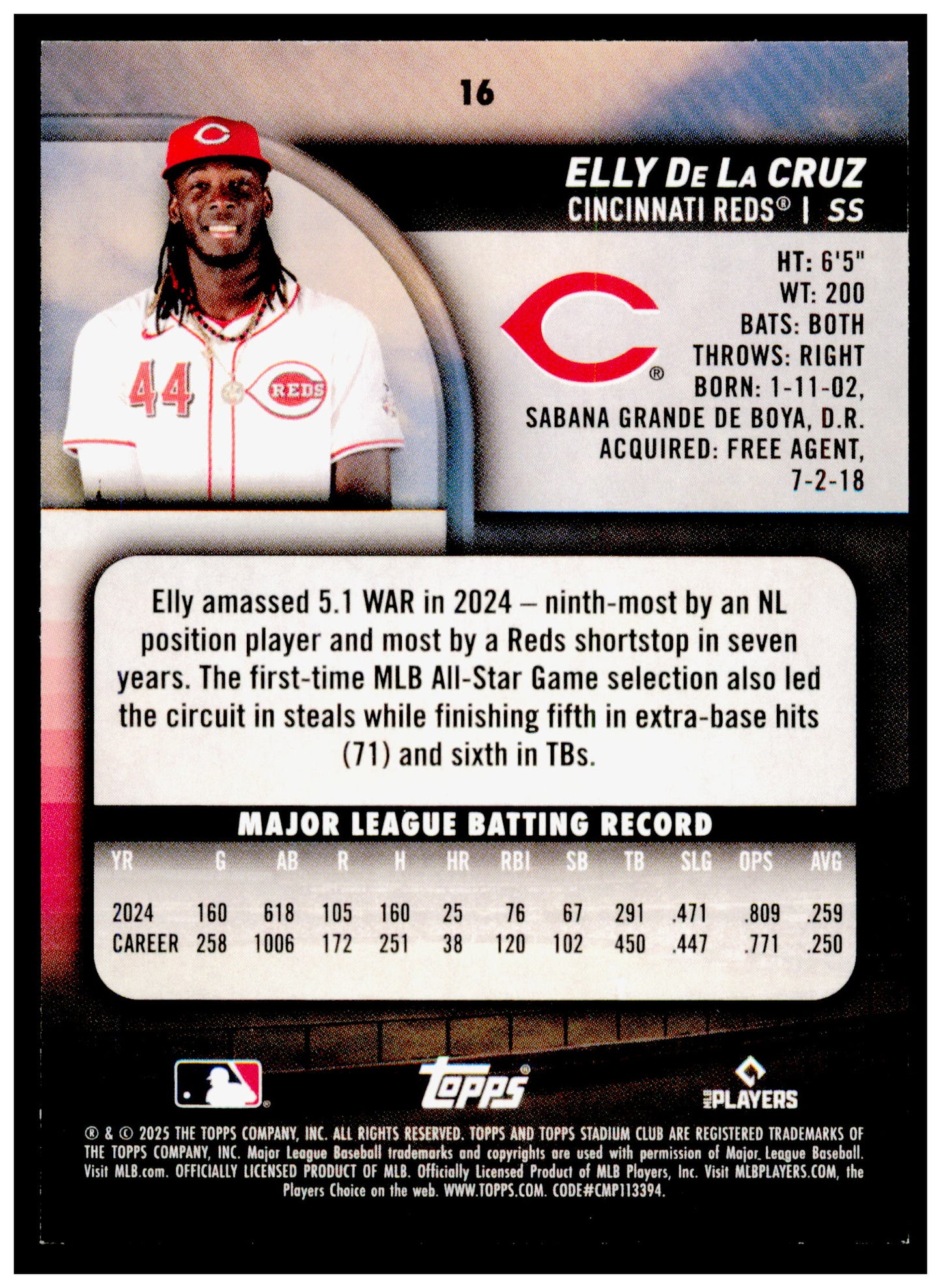 2025 Stadium Club Elly De La Cruz Card Cincinnati Reds #16