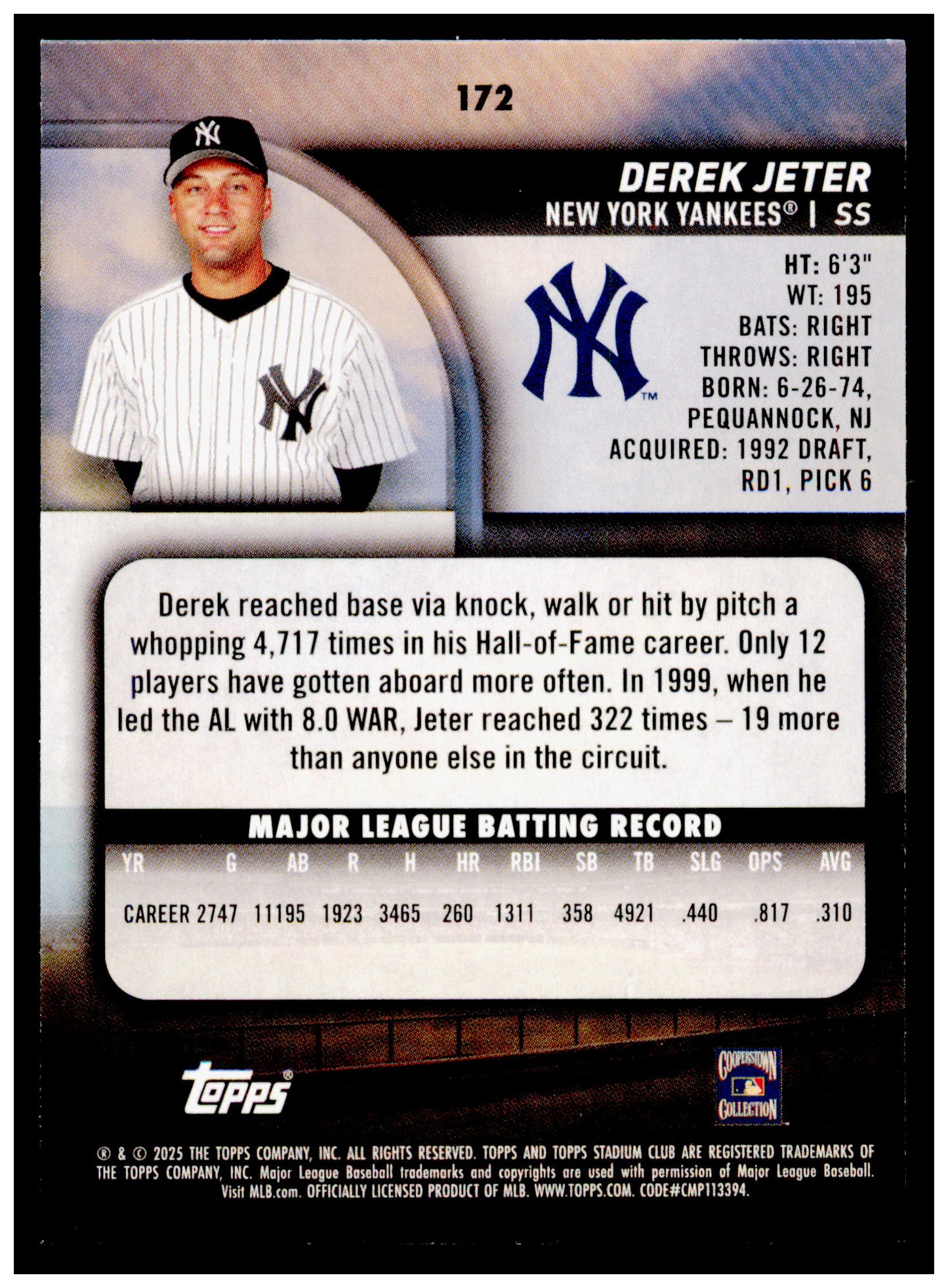2025 Stadium Club Derek Jeter Card New York Yankees #172