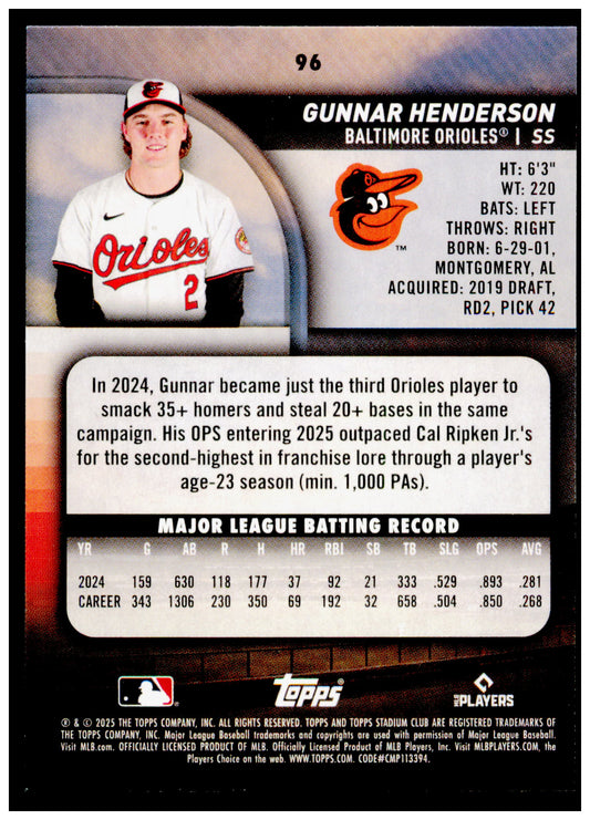 2025 Stadium Club Gunnar Henderson Card Baltimore Orioles #96