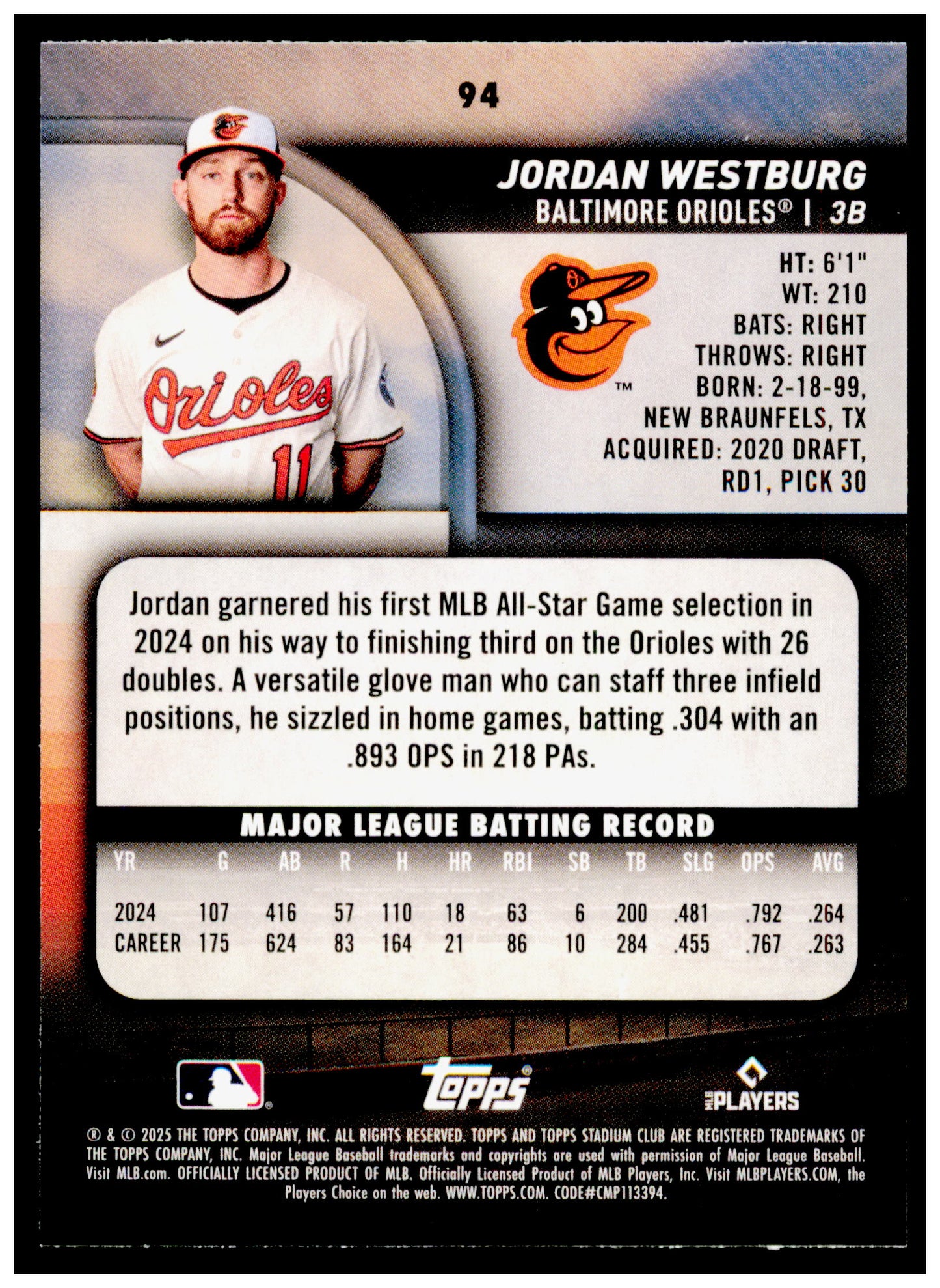2025 Stadium Club Jordan Westburg Card Baltimore Orioles #94