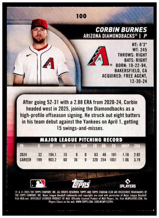 2025 Stadium Club Corbin Burnes Card Arizona Diamondbacks #100