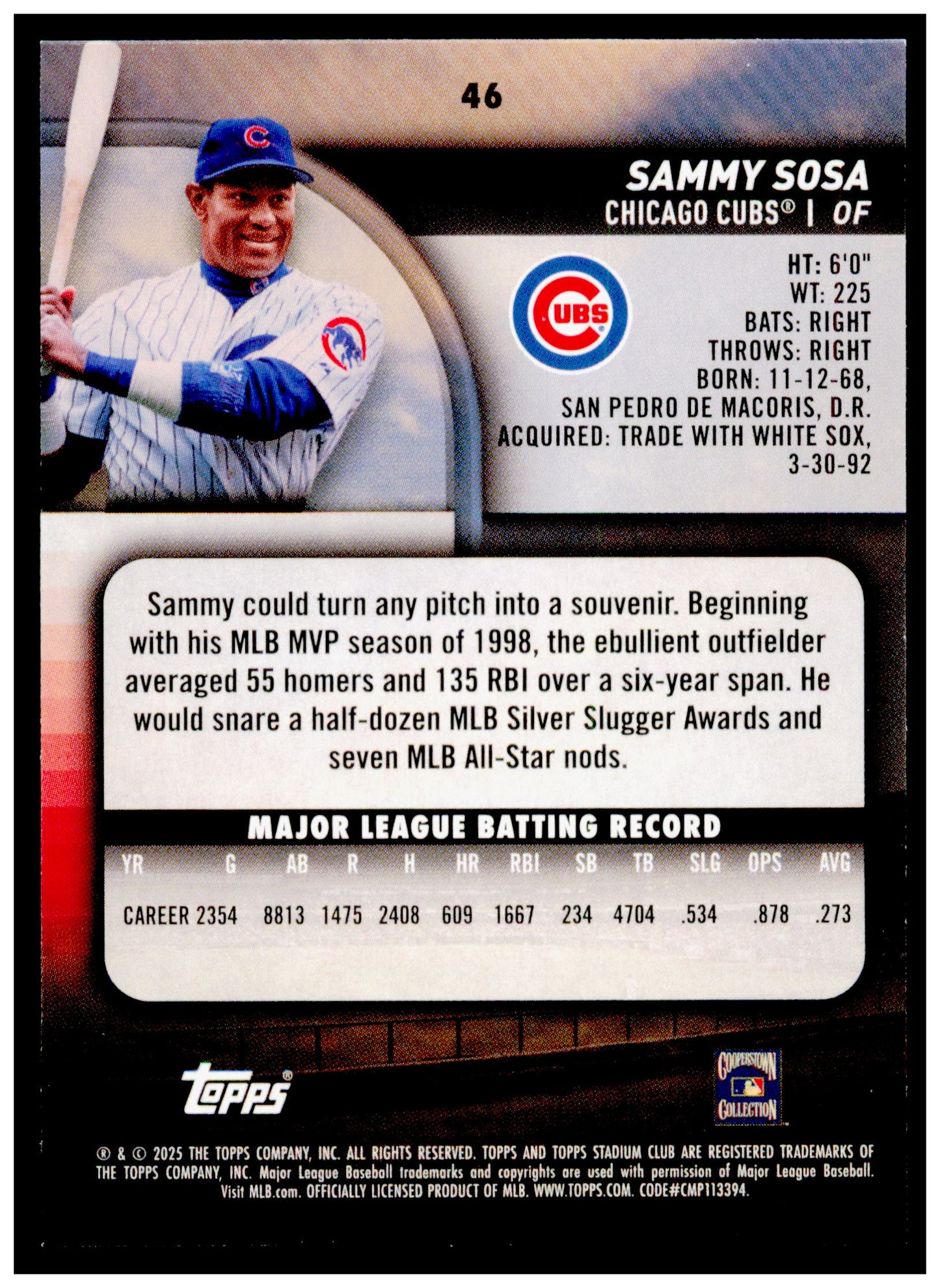 2025 Stadium Club Sammy Sosa Card Chicago Cubs #46