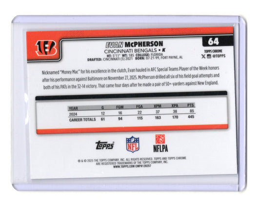 2025 Topps Chrome Evan McPherson Card X-Fractor Cincinnati Bengals #64