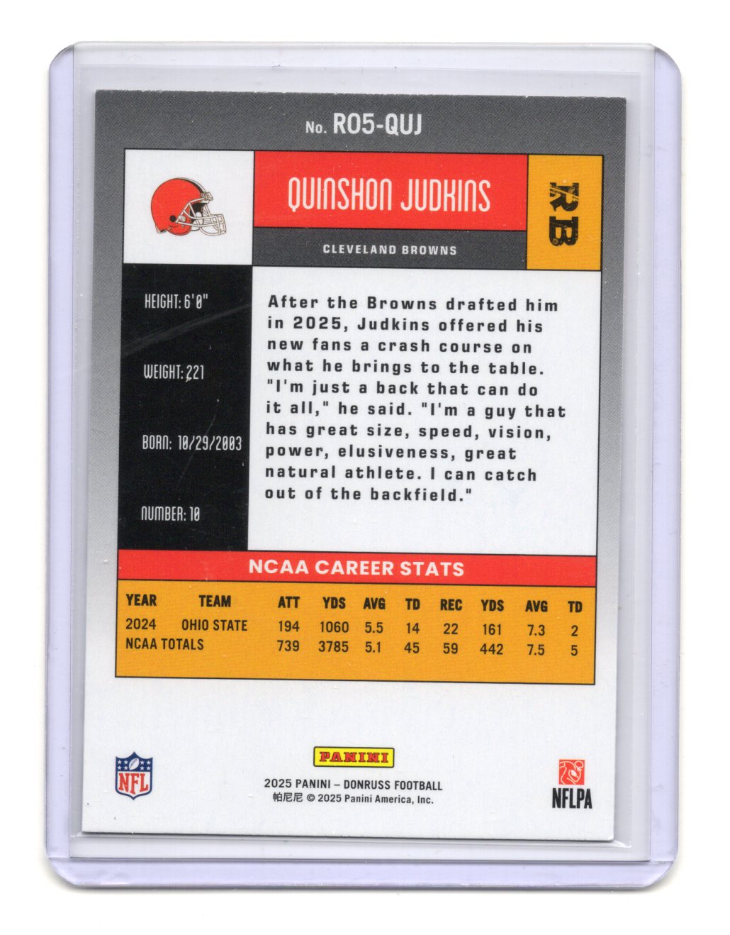 2025 Donruss Quinshon Judkins Card Retro 2005 Cleveland Browns #R05-QUJ