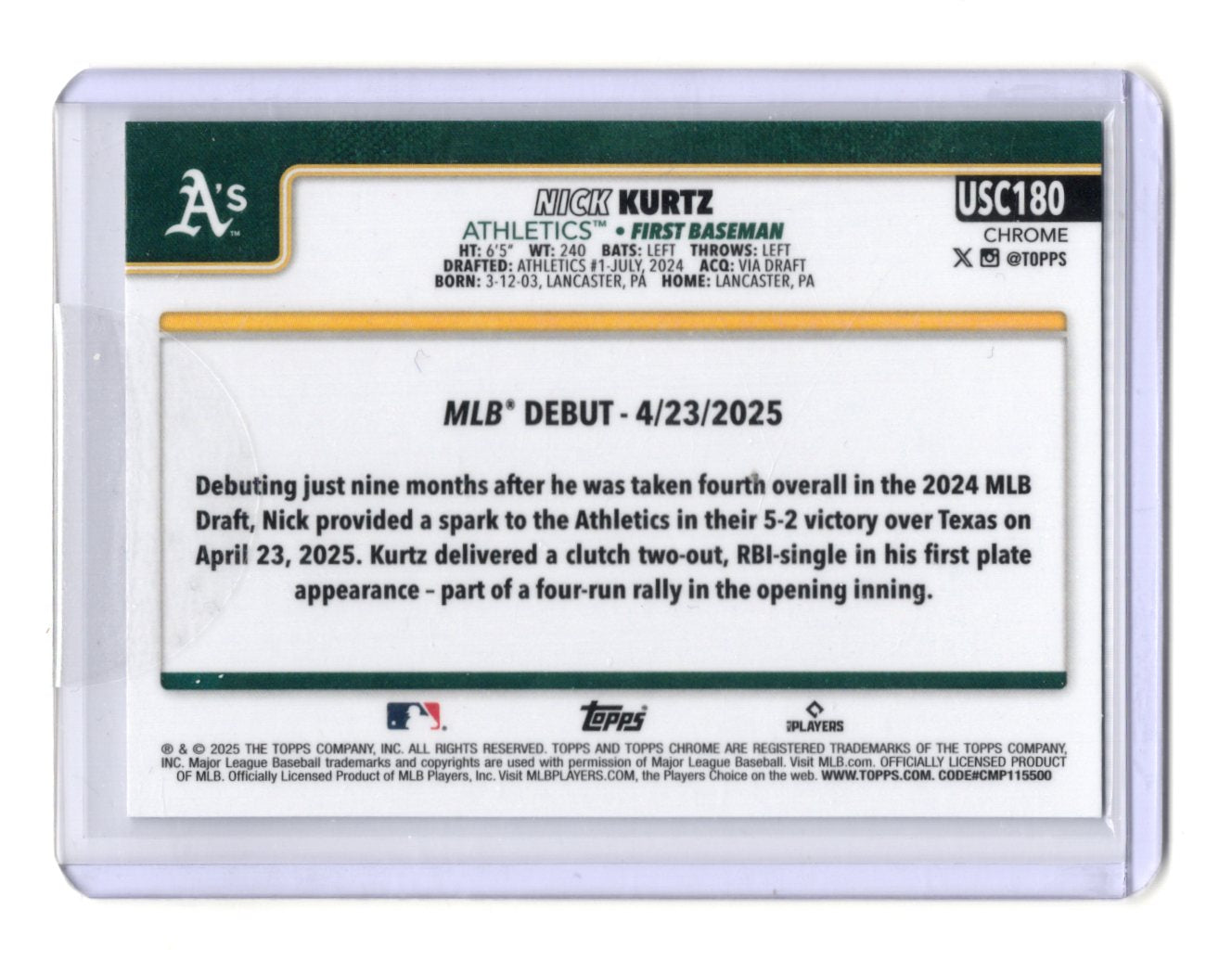 2025 Topps Chrome Update Nick Kurtz Card Athletics #USC178b