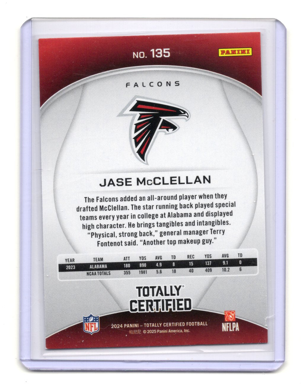 2024 Panini Totally Certified Jase McClellan Card RC Atlanta Falcons #135