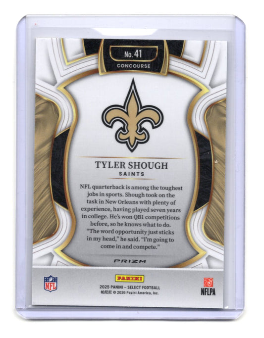 2025 Panini Select Tyler Shough Card Green and Yellow Prizm Shock RC Saints #41