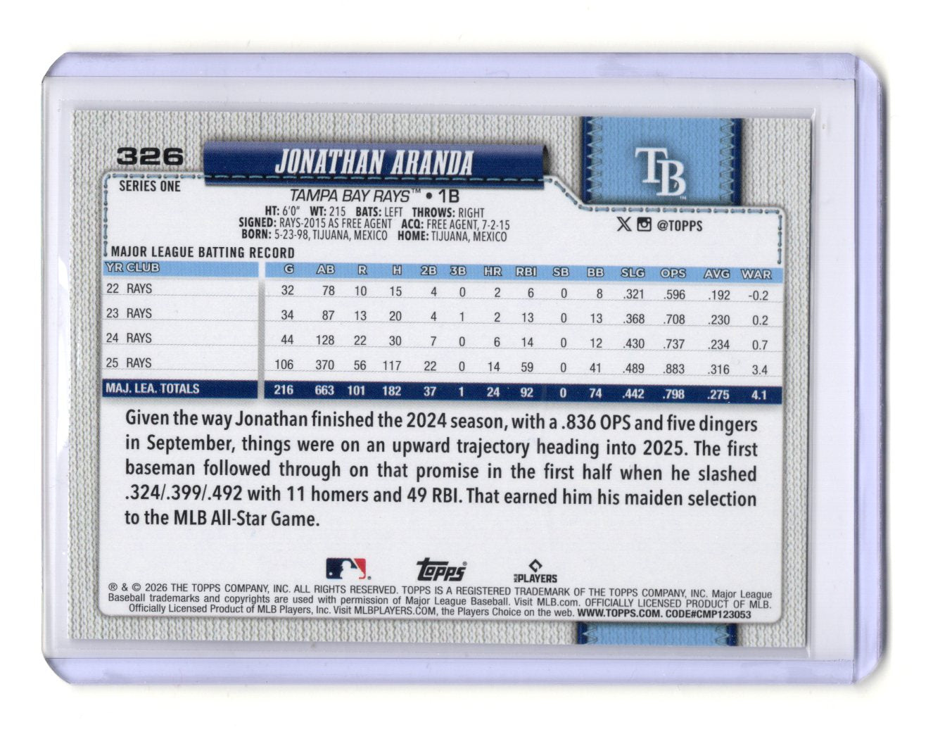 2026 Topps Series 1 Jonathan Aranda #326 Silver Rainbow Foil Tampa Bay Rays