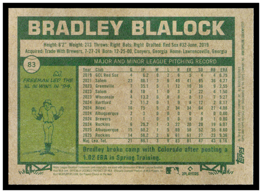 2026 Topps Heritage Bradley Blalock Card Colorado Rockies #83