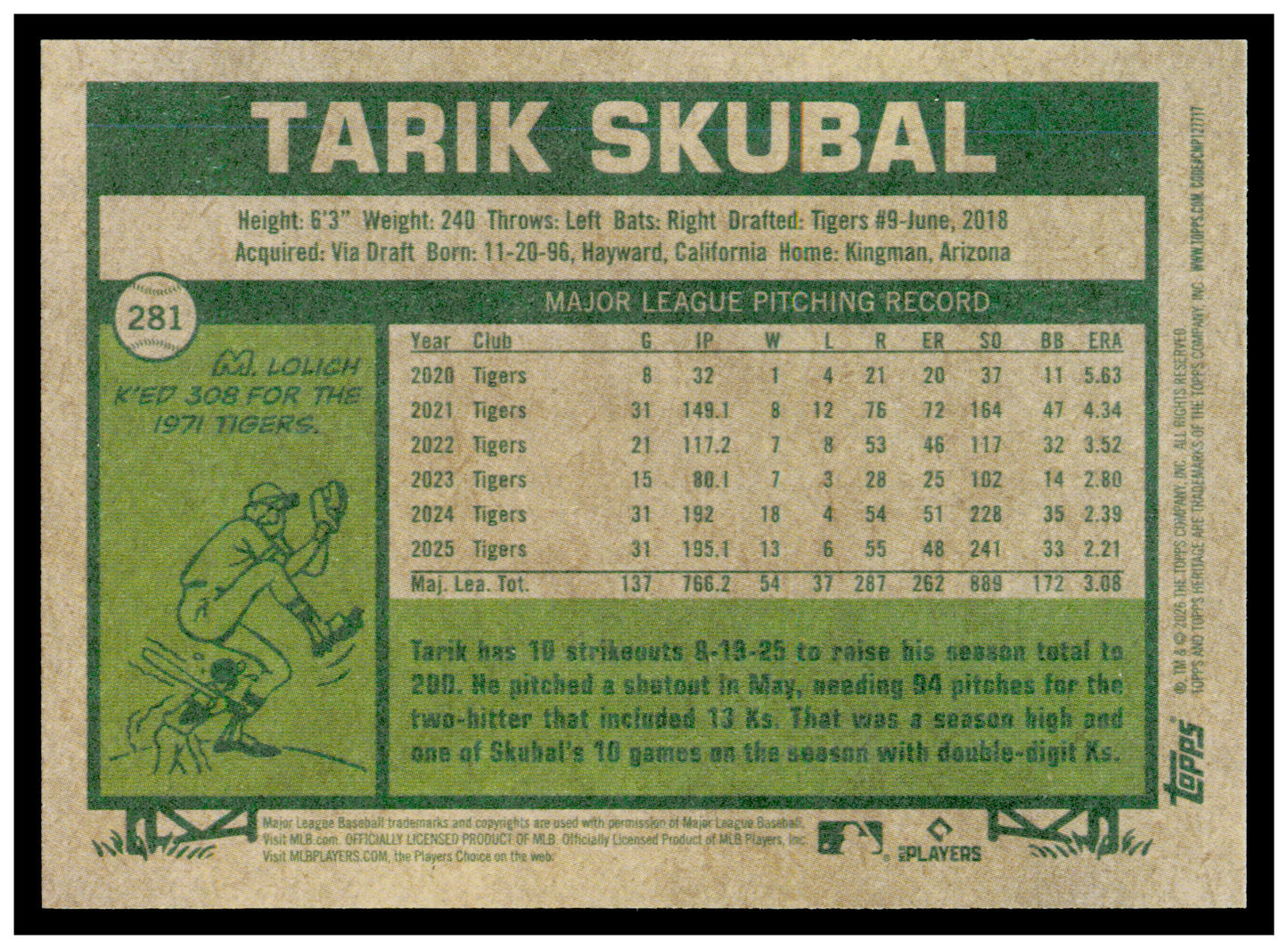 2026 Topps Heritage Tarik Skubal Card Detroit Tigers #281