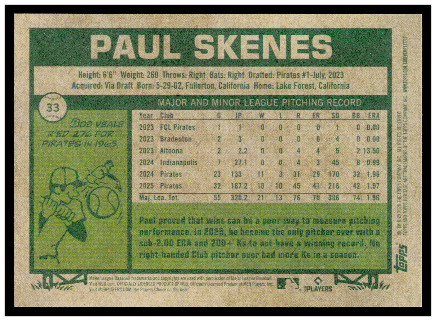 2026 Topps Heritage Paul Skenes Card Pittsburgh Pirates #33