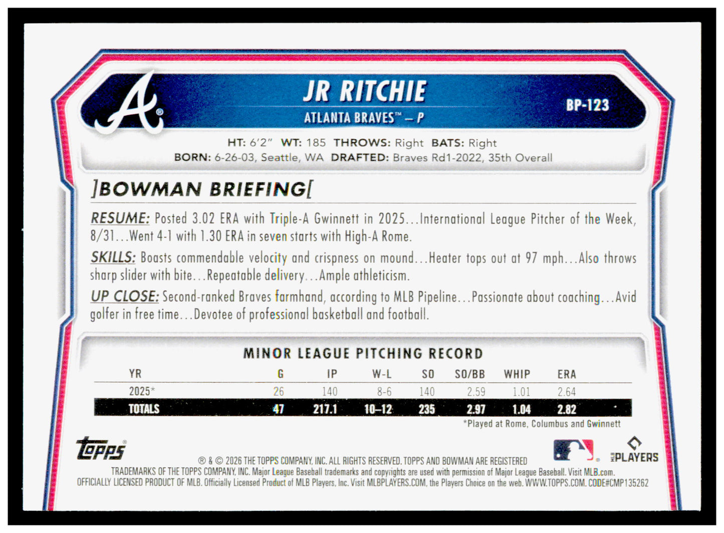 2026 Bowman JR Ritchie Card Prospects Atlanta Braves #BP-123