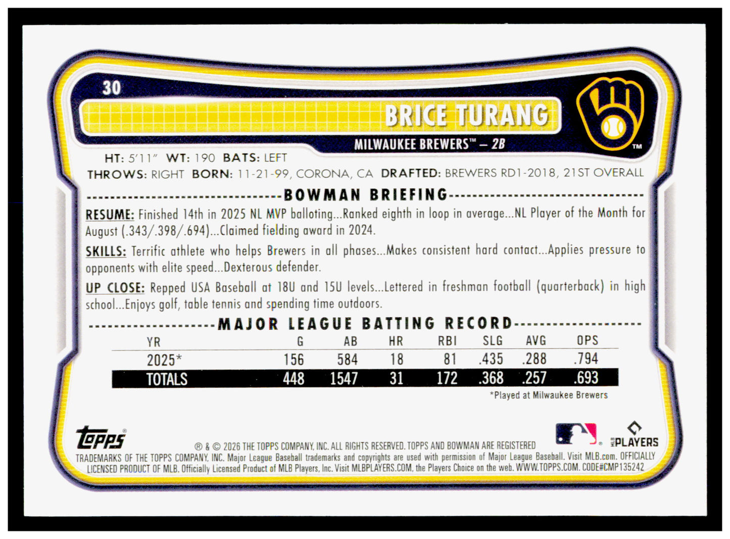 2026 Bowman Brice Turang Card Milwaukee Brewers #30
