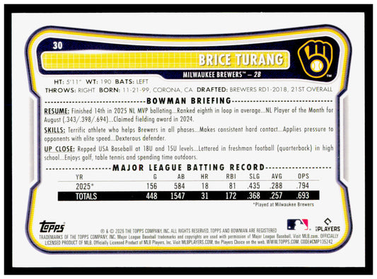 2026 Bowman Brice Turang Card Milwaukee Brewers #30