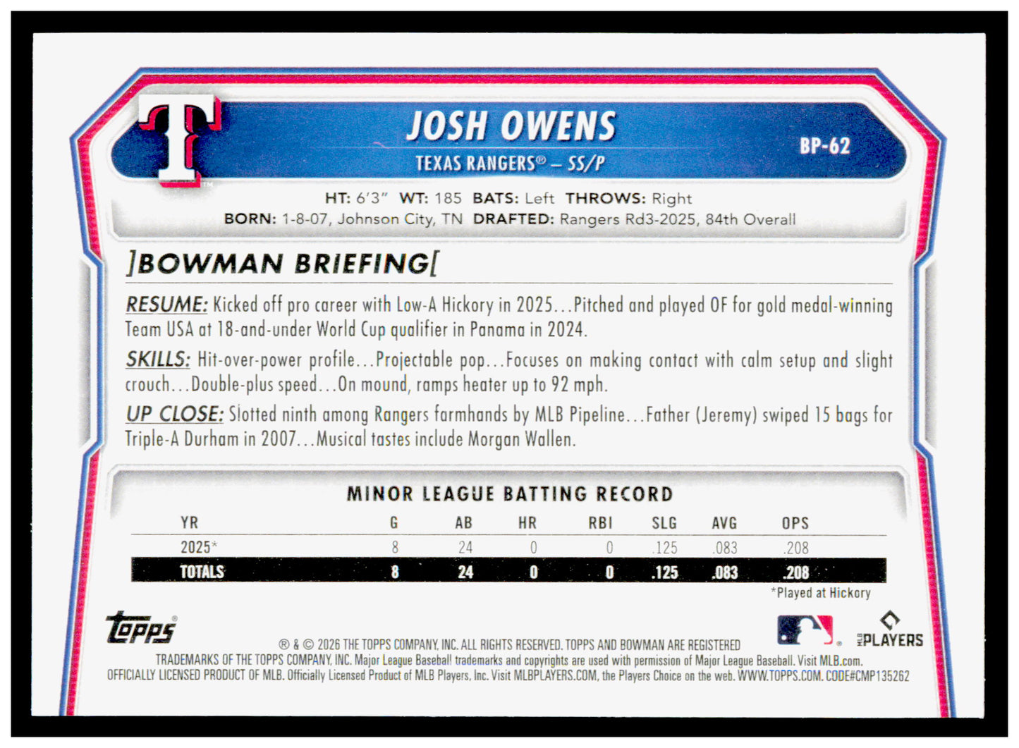 2026 Bowman Josh Owens Card Prospects Texas Rangers #BP-62