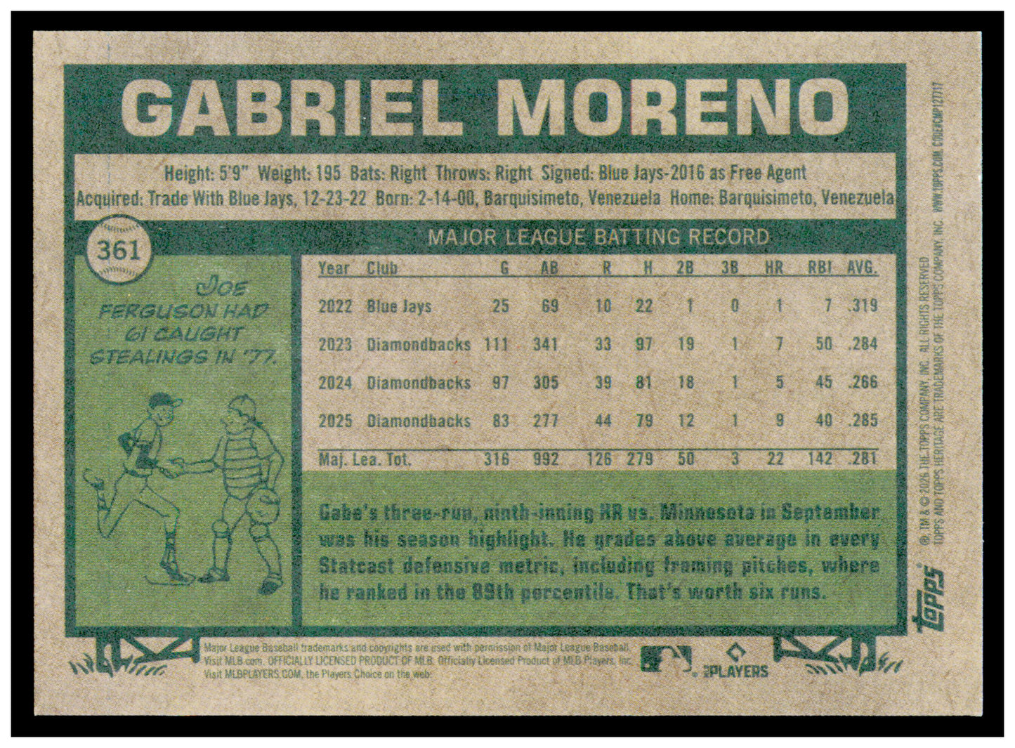 2026 Topps Heritage Gabriel Moreno Card Arizona Diamondbacks #361