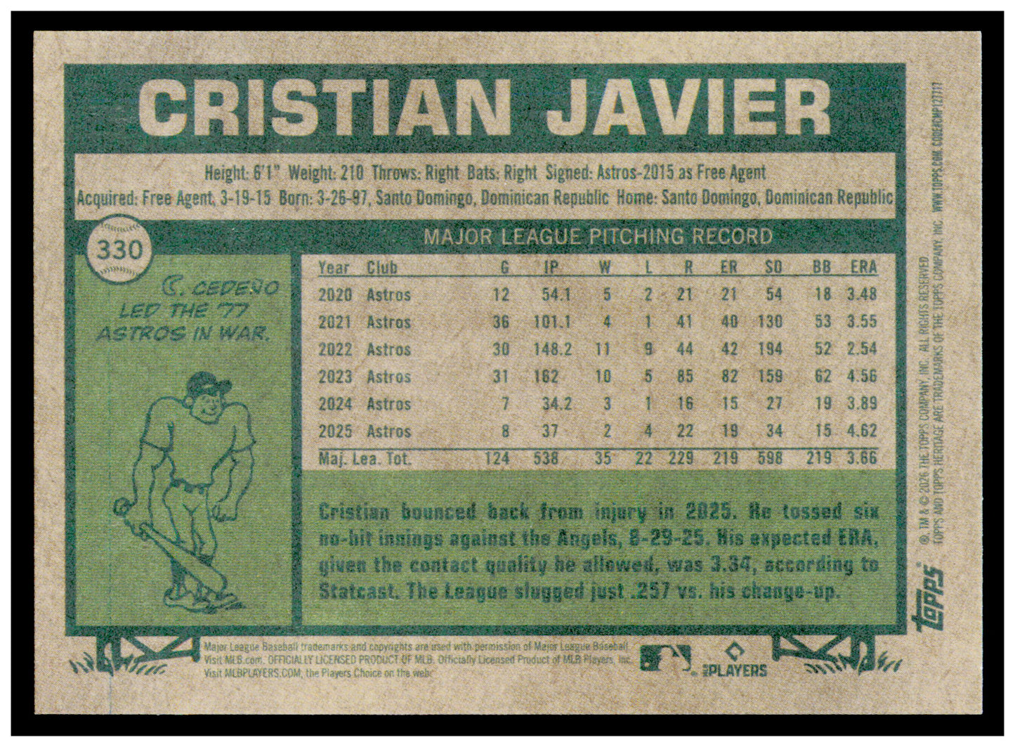 2026 Topps Heritage Cristian Javier Card Houston Astros #330