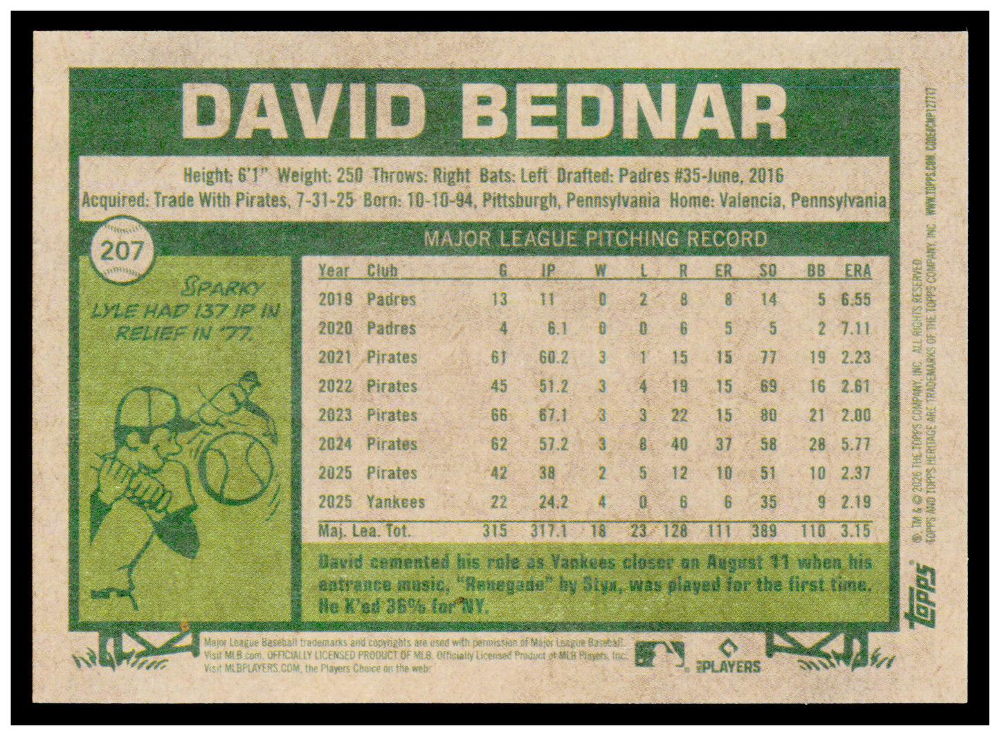 2026 Topps Heritage David Bednar Card New York Yankees #207