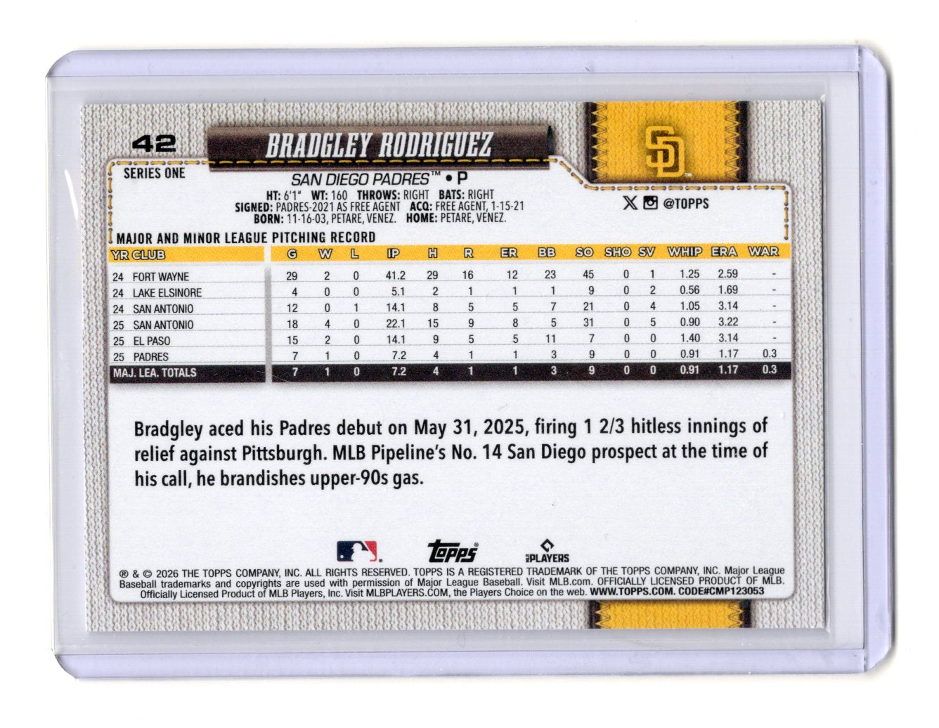 2026 Topps Bradgley Rodriguez Card RC San Diego Padres #42