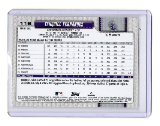 2026 Topps Yanquiel Fernández Card RC Colorado Rockies #116