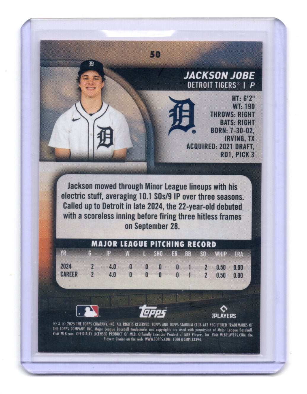2025 Topps Stadium Club Jackson Jobe Pink Foil RC Rookie Detroit Tigers #50