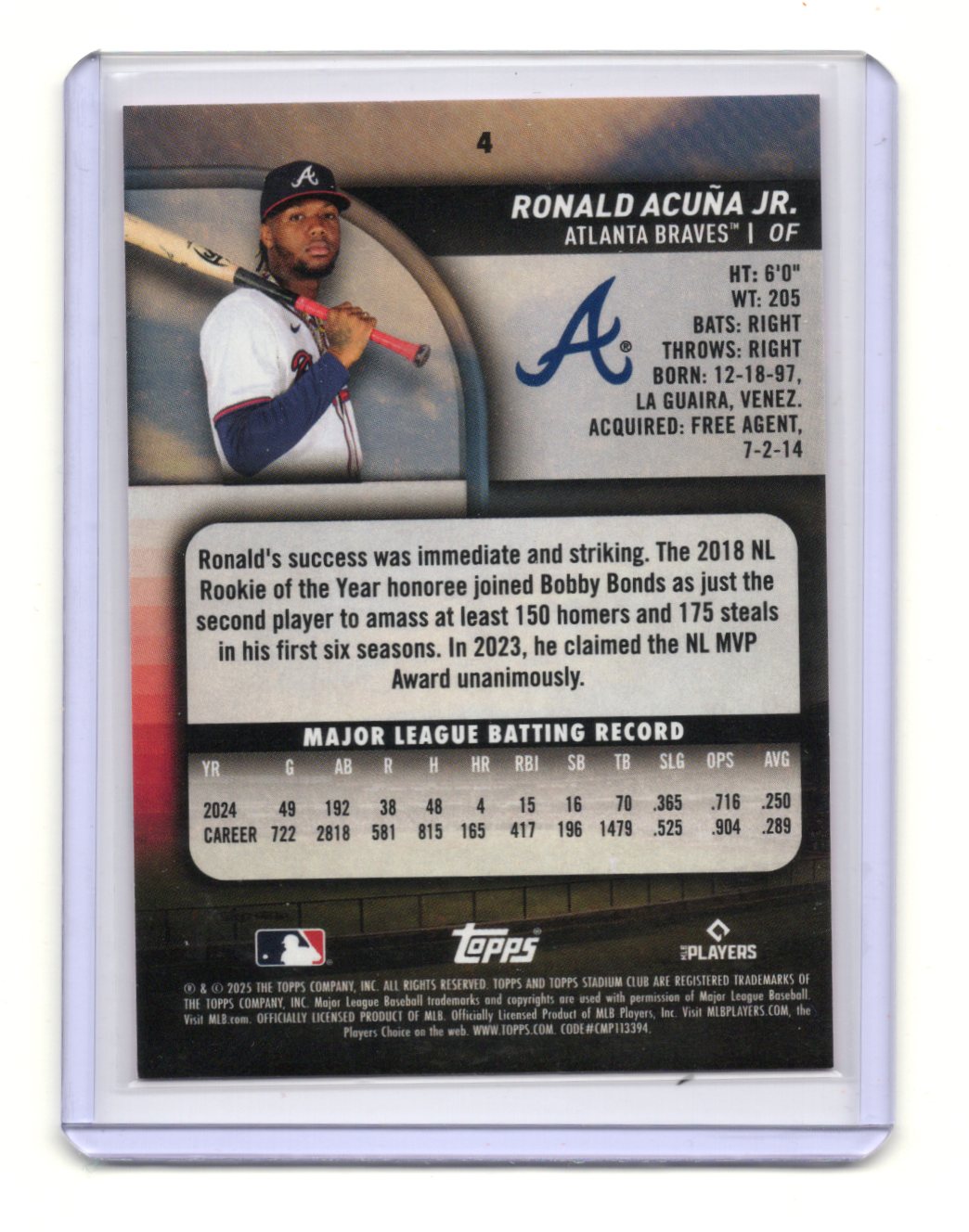 2025 Topps Stadium Club Ronald Acuna Jr Pink Foil Parallel Braves SP #4