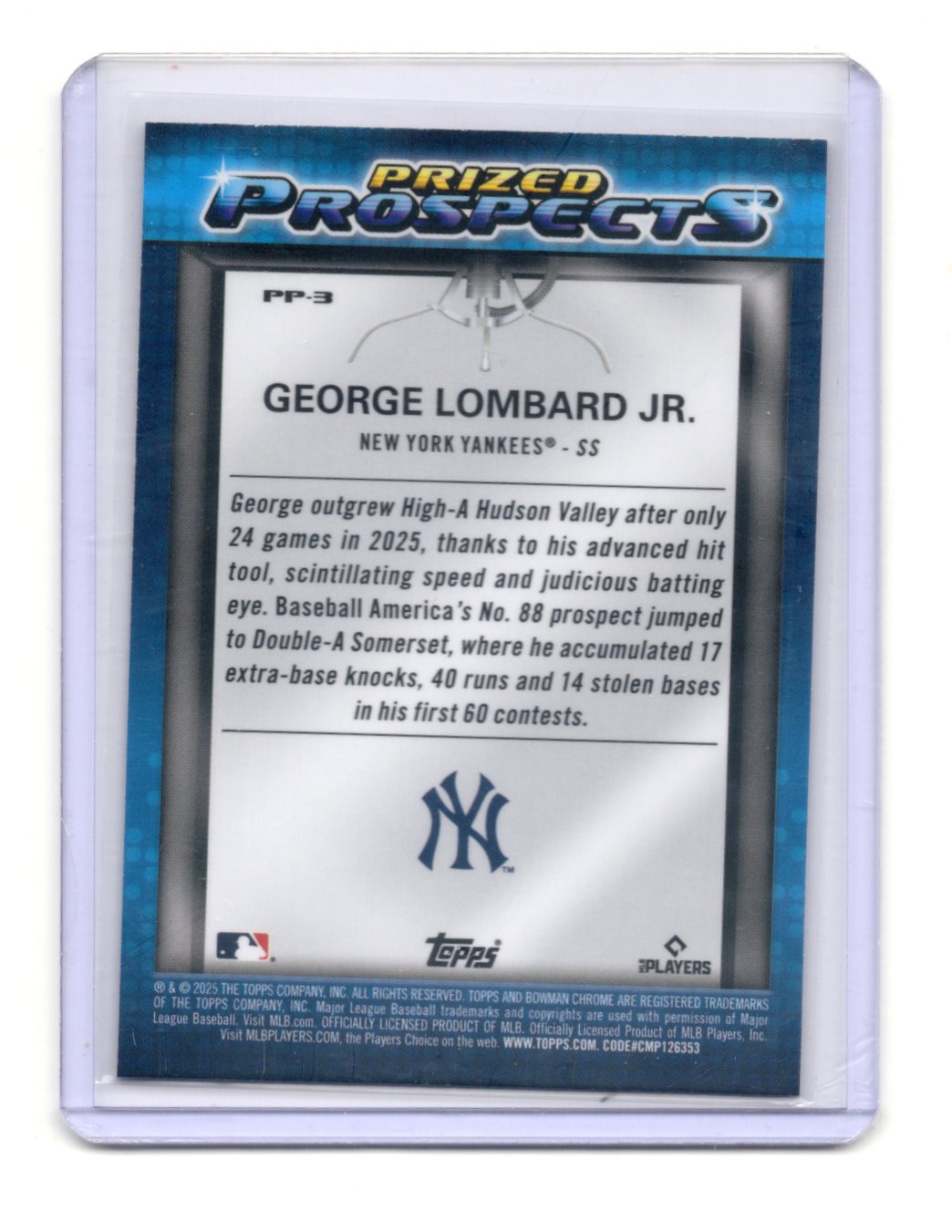 2025 Bowman Draft George Lombard Jr. Card Prized Prospects Yankees #PP-3