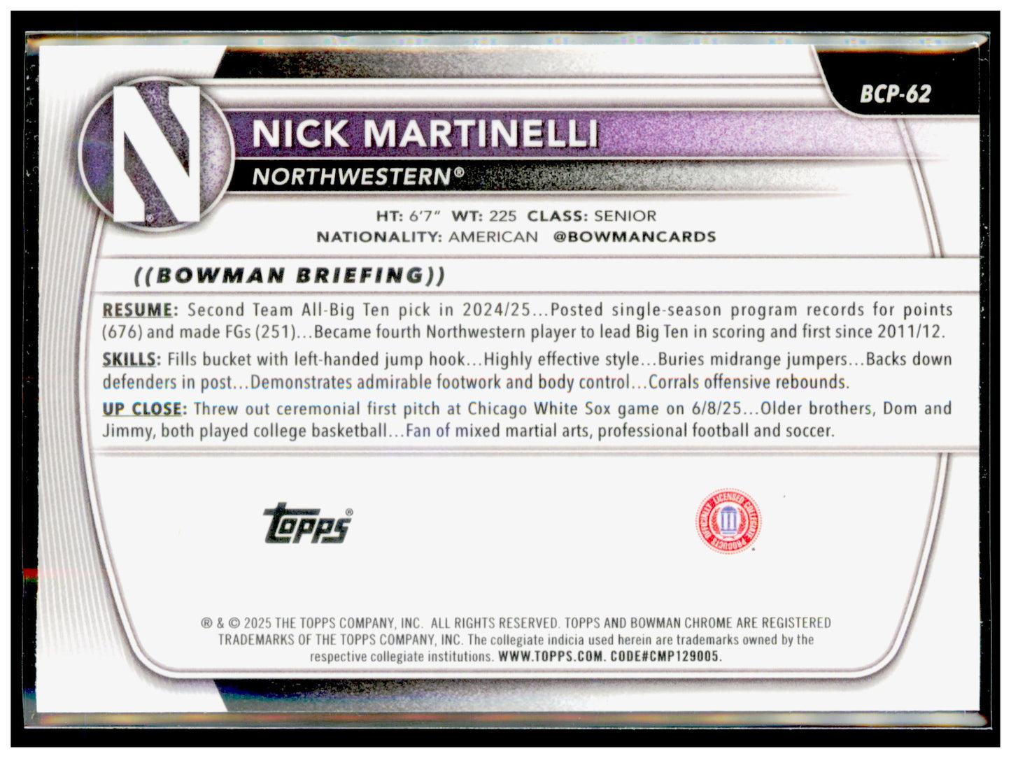 2025-26 Bowman Nick Martinelli Card Chrome Prospects Northwestern Wildcats