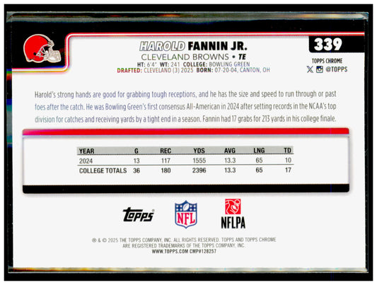 2025 Topps Chrome Harold Fannin Jr. Card Refractor RC Cleveland Browns #339