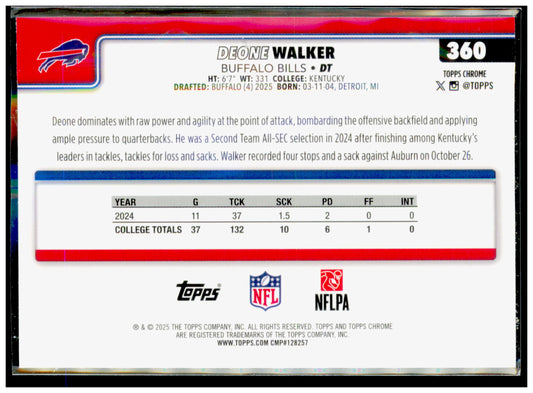 2025 Topps Chrome Deone Walker Card RC Buffalo Bills #360