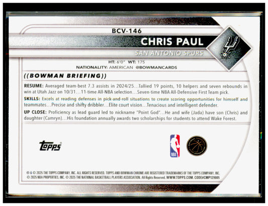 2025-26 Bowman Chris Paul Card Chrome San Antonio Spurs #BCV-146